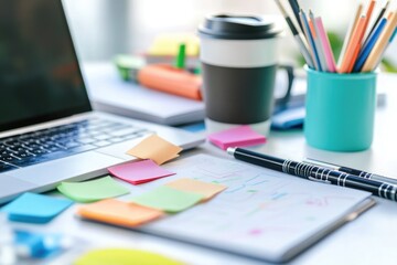 Organized workspace with laptop, sticky notes, pens, and coffee, suggesting productivity and planning.