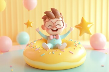 Obraz premium A cheerful 3D cartoon boy joyfully sits on a giant, sprinkle-covered donut, surrounded by pastel balloons and stars.