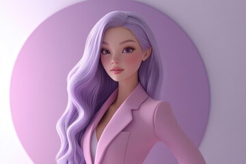 A stylish 3D cartoon woman with long purple hair, wearing a pink blazer, against a purple background.