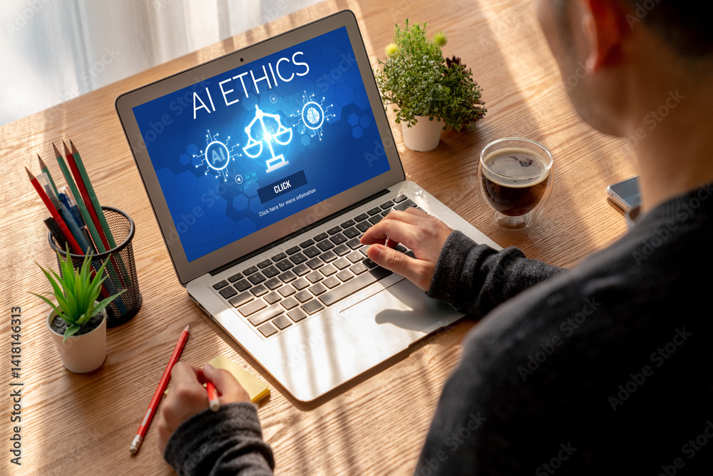 Poster ai ethics responsibility standard law and rules on computer screen provide report of ai ethic transp