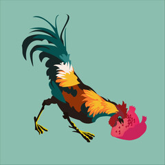 Obraz premium Rooster pecking grains, rooster with colored feathers pecking grains of red pomegranate fruit, poultry, stylization based on ancient Rome, Italy