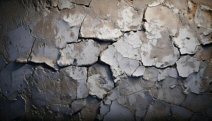Photograph of a cement wall with multiple crack lines spreading in all directions, weathered and damaged look