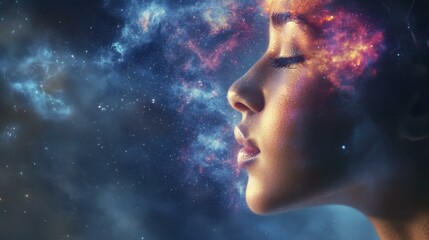 Obraz premium Woman Profile Face Merged with Colorful Nebula Dreamlike Cosmic Space