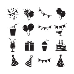 birthday party icon silhouette vector set with cake gifts hats drinks and celebration symbols