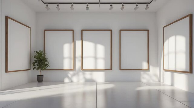 Minimalistic White Art Gallery with Empty Frames and Natural Light Streaming Through Windows, Featuring a Plant in the Corner

