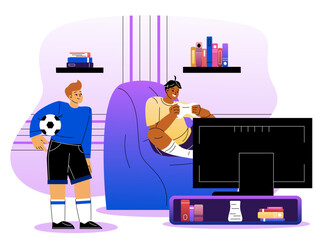 Boys playing soccer and video games. Vector illustration