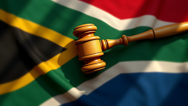 Yellowwood gavel with enamel over SA flag. Rainbow legal symbolism with constitutional lighting.
