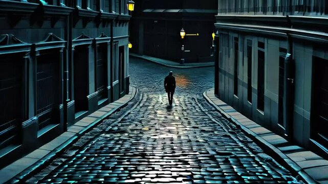 Silhouette of lonely man walking in the city three-way street at late night, man walking alone at empty city street  late night alone empty urban solitude cinematic noir atmosphere