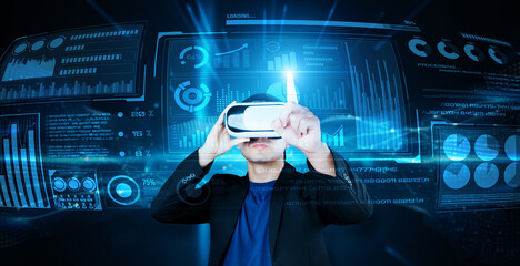 Smart business man with goggles working while using AI technology. Manager accessing at global network and using artificial intelligence while looking at data analysis and statistic chart. Ingenuity.