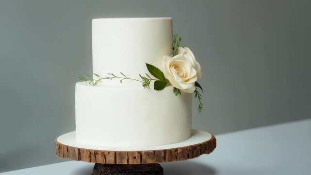 Elegant two-tier frosting cake with white roses on rustic tray wood.