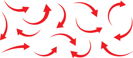 Set of red curved arrows pointing in various directions on a white background