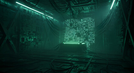 Futuristic Server Room with Glowing Circuit Wall and Suspended Cables in Neon Green Light