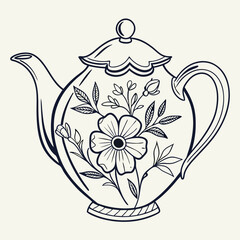 Hand drawn vintage teapot with flower kettle Vector
