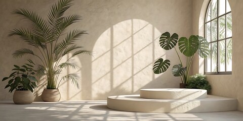 Minimalist interior scene with podium plants and sunlight shadows creating calming aesthetics