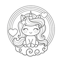 Little unicorn sitting on a cloud under a rainbow. Round composition. Black and white linear drawing. For children's design of coloring books, prints, posters, cards, stickers, etc. Vector illustratio