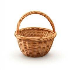 Obraz premium Round wicker basket with a handle, isolated on white.