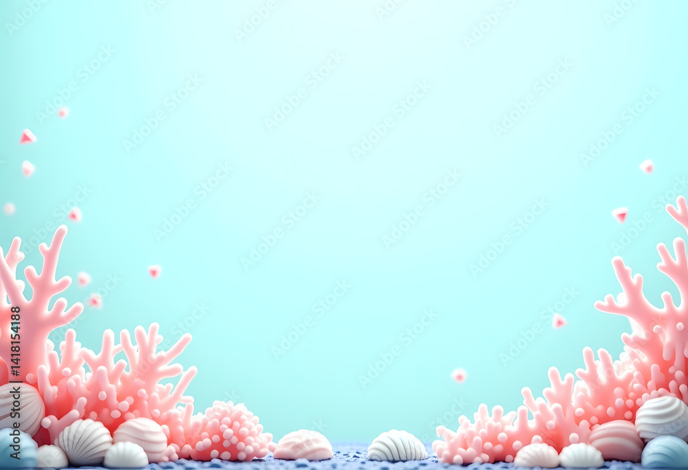 Poster A stunning underwater landscape showcases vivid coral formations and an array of colorful seashells scattered across the sandy ocean floor. The soft light creates a tranquil ambiance Generative AI