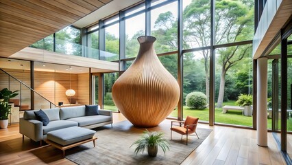 Modern House Interior with Large Wooden Sculpture