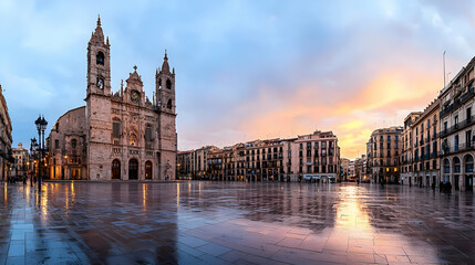 Fototapeta premium Wet City Square At Sunrise With Church