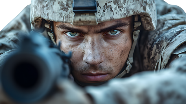 Closeup portrait of a soldier aiming a rifle - Powered by Adobe