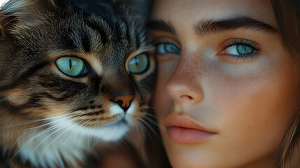Closeup portrait of a young woman and a cat