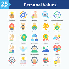 Personal Values ​​is a collection of icons in sheet format representing personal values, character strengths, and positive qualities that define individual identity.