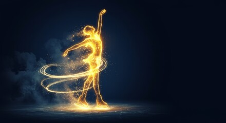 Golden silhouette figure skater performing graceful spin with icy mist trails