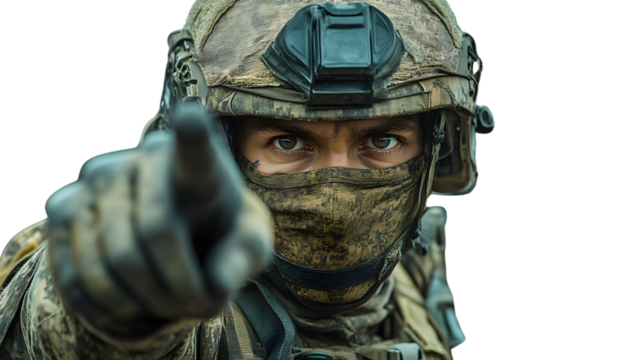 Closeup portrait of soldier pointing military camouflage tactical gear