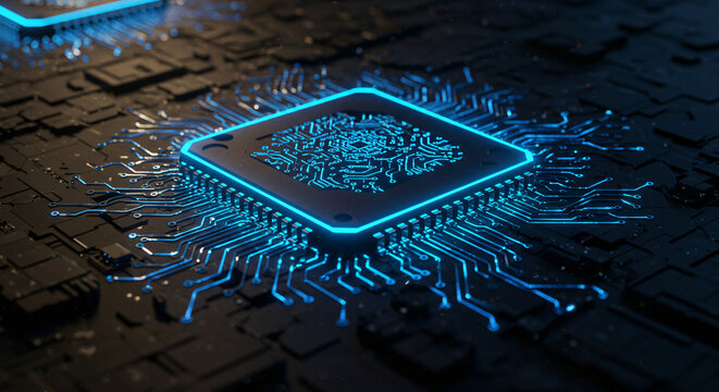 Futuristic Circuit Board with AI Chip and Blue Glow &ndash; Advanced Computing Concept

