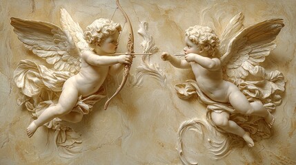 Two cherubic angels, poised in mid-flight, adorned with wings, ready to aim their bows and arrows.  A classic, decorative, sculpted scene