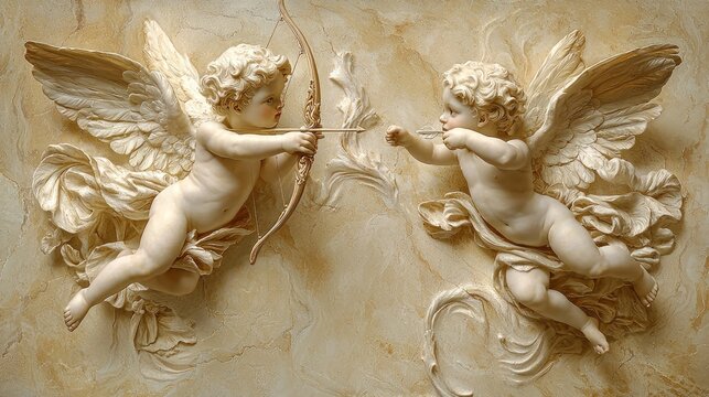 Two cherubic angels, poised in mid-flight, adorned with wings, ready to aim their bows and arrows.  A classic, decorative, sculpted scene