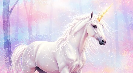 Obraz na płótnie Canvas Watercolor Unicorn in a Dreamy Pastel Forest with Sparkling Horn
