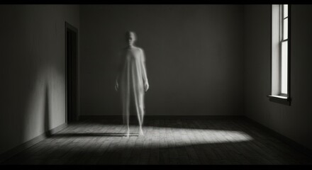 Ghostly woman silhouette standing in a dark abandoned room with light from window. Haunting spirit, paranormal activity concept for horror theme or Halloween background.