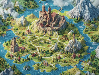 Fototapeta premium isometric fantasy map, 3D terrain showing mountains, forests, lakes and castles