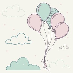 Soft pastel colored balloons (light blue, blush pink, mint green, lilac) floating gracefully in the air with a soft sky or cloud background, aesthetic and dreamy look, 