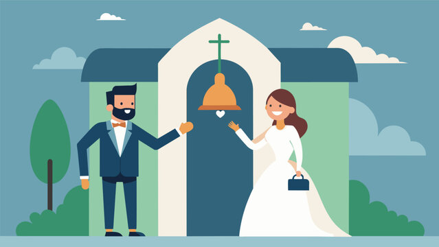 As a newly wedded couple exits the church the bell rings jubilantly announcing their union to the entire community.. Vector illustration