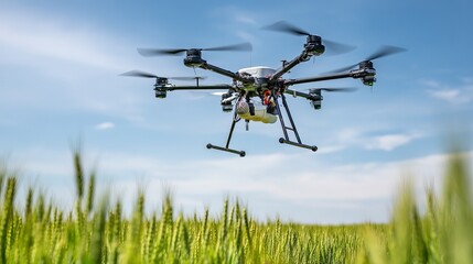 Drone flies over wheat field spraying treatments Blue sky background highlights sustainable agriculture and precision farming