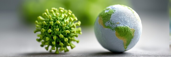 An artistic representation contrasting a virus model with a globe symbolizes the ongoing challenges of global health, emphasizing the need for awareness, protection, and unity worldwide.