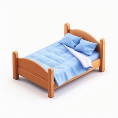 Wooden bed with light blue bedding displayed.