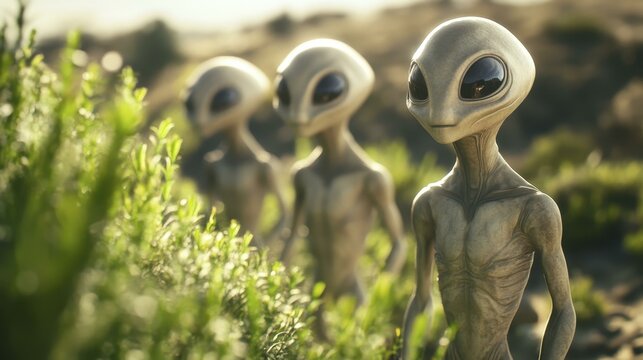 Grey Extraterrestrial Beings Observing Green Plants in Natural Outdoor Environment