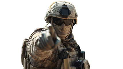Military Personnel in Tactical Gear Pointing Forward Combat Ready Soldier with Helmet and Gogg