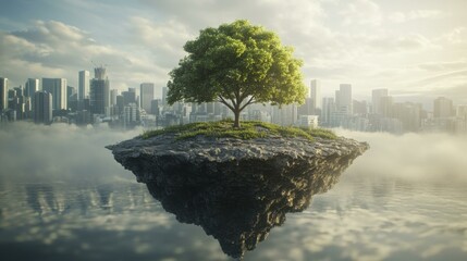 Solitary Tree on Floating Island Overlooks Misty Cityscape
