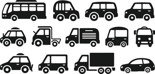 Black vector silhouettes of buses, trucks, and cars, perfect for transportation, traffic, and urban themed graphic designs