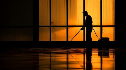 Silhouetted janitor in action Artistic shot of male cleaner on duty