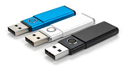 Fototapeta premium Three colorful usb flash drives in blue white and black isolated on white background for data storage and transfer 