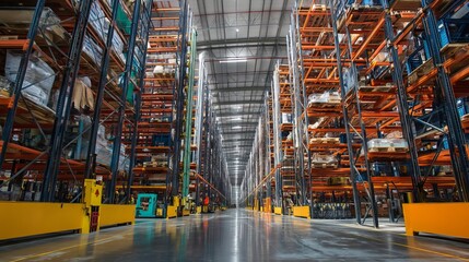 Wide distribution warehouse with tall shelves and loaders Viewed from below