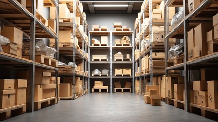 Obraz premium Warehouse shelves with cargo boxes Industry view of storage export shipping and supply chain packaging