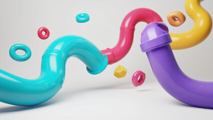 Abstract Colorful Pipe Composition: A vibrant and dynamic composition of twisting, colorful pipes and floating donut-shaped elements create a playful and imaginative design.