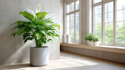 Fototapeta premium A lush peace lily in a minimalist pot on a concrete podium, soft morning light from clerestory windows casting gentle shadows