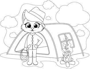 Camping Cat Coloring Page. Cute Printable for Kids